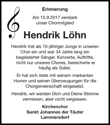 Traueranzeige von Hendrik Löhn von Super Sonntag / Super Mittwoch