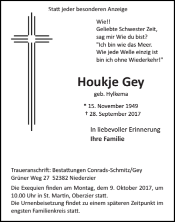 Traueranzeige von Houkje Gey von Super Sonntag / Super Mittwoch
