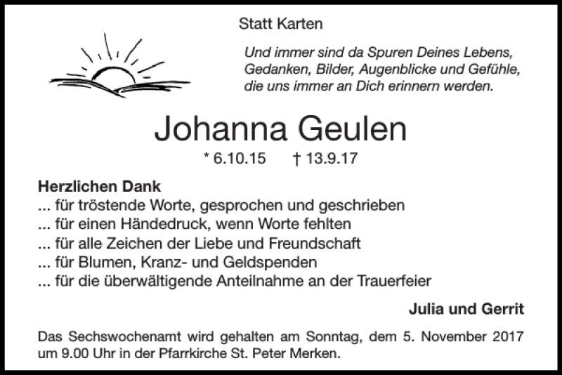  Traueranzeige für Johanna Geulen vom 29.10.2017 aus Super Sonntag / Super Mittwoch