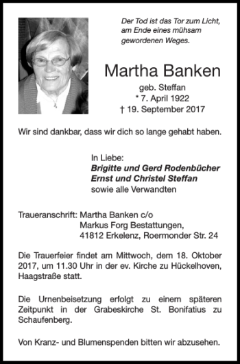 Traueranzeige von Martha Banken von Super Sonntag / Super Mittwoch