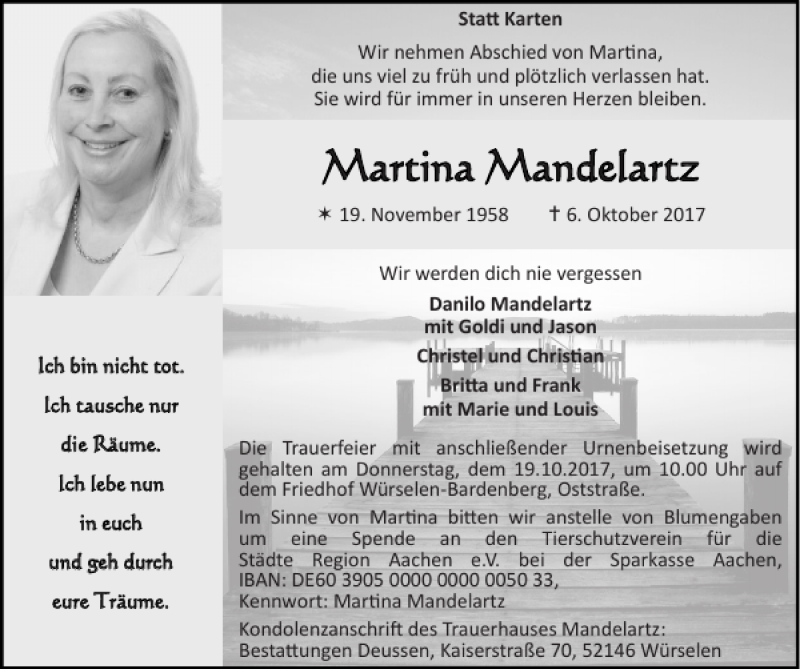  Traueranzeige für Martina Mandelartz vom 15.10.2017 aus Super Sonntag / Super Mittwoch