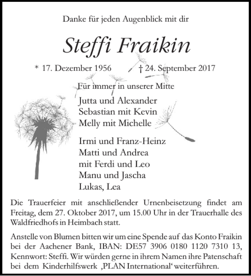  Traueranzeige für Steffi Fraikin vom 14.10.2017 aus Aachener Zeitung / Aachener Nachrichten