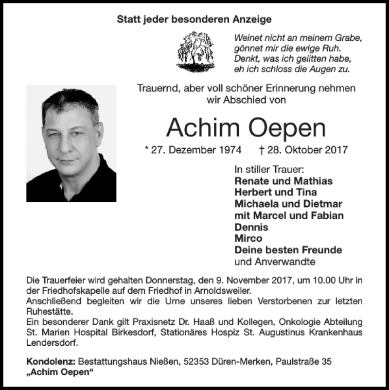  Traueranzeige für Achim Oepen vom 05.11.2017 aus Super Sonntag / Super Mittwoch