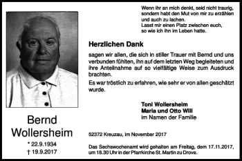Traueranzeige von Bernd Wollersheim von Super Sonntag / Super Mittwoch