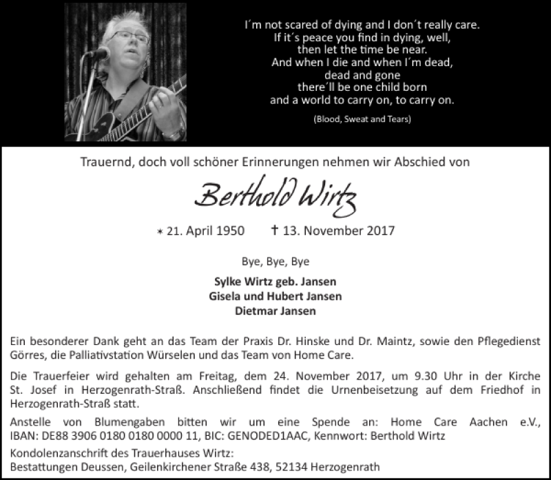  Traueranzeige für Berthold Wirtz vom 18.11.2017 aus Aachener Zeitung / Aachener Nachrichten