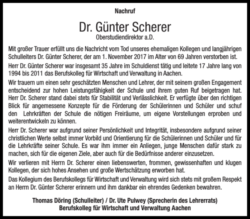  Traueranzeige für Dr. Günter Scherer vom 11.11.2017 aus Aachener Zeitung / Aachener Nachrichten