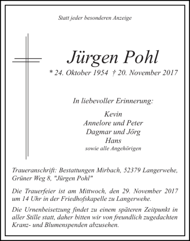 Traueranzeigen Von Jurgen Pohl Aachen Gedenkt