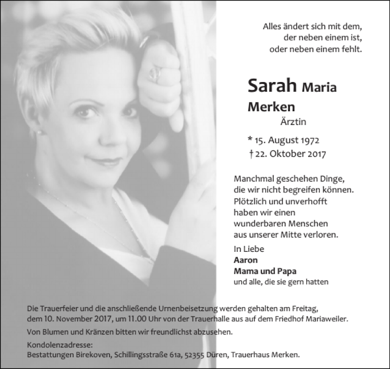  Traueranzeige für Sarah Maria Merken vom 05.11.2017 aus Super Sonntag / Super Mittwoch