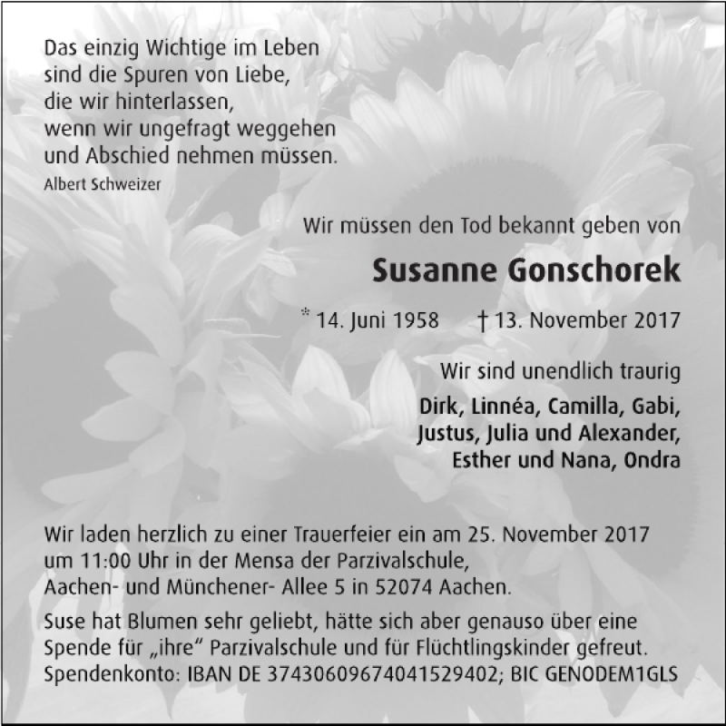  Traueranzeige für Susanne Gonschorek vom 18.11.2017 aus Aachener Zeitung / Aachener Nachrichten