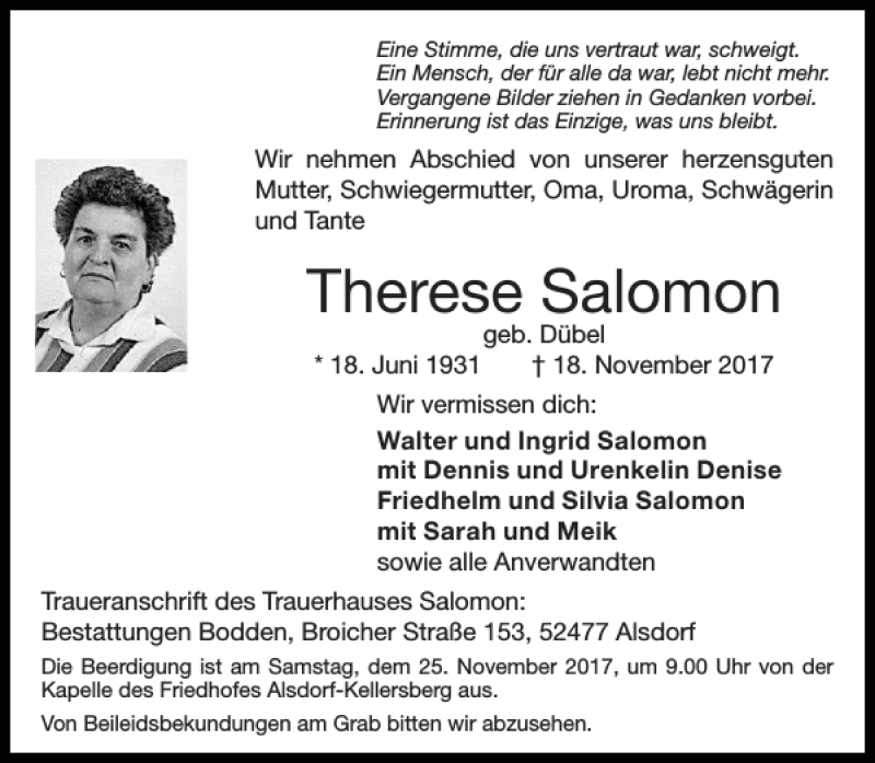 Traueranzeigen von Therese Aachen gedenkt