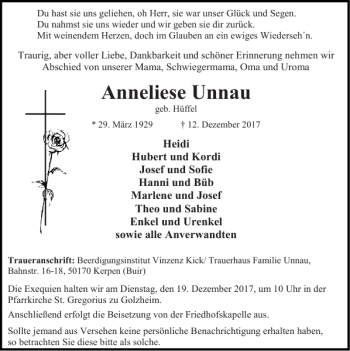 Traueranzeige von Anneliese Unnau von Super Sonntag / Super Mittwoch