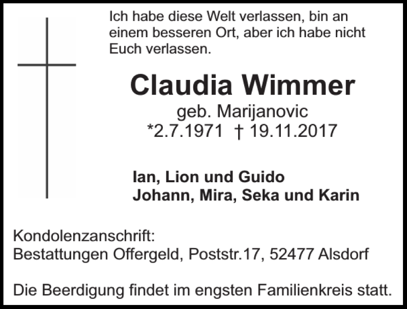  Traueranzeige für Claudia Wimmer vom 03.12.2017 aus Super Sonntag / Super Mittwoch