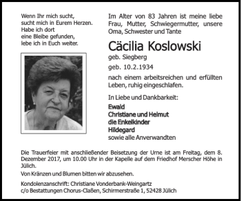 Traueranzeige von Cäcilia K Cäcilia Koslowski oslowski von Super Sonntag / Super Mittwoch