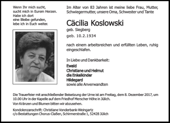 Traueranzeige von Cäcilia K Cäcilia Koslowski oslowski von Aachener Zeitung / Aachener Nachrichten