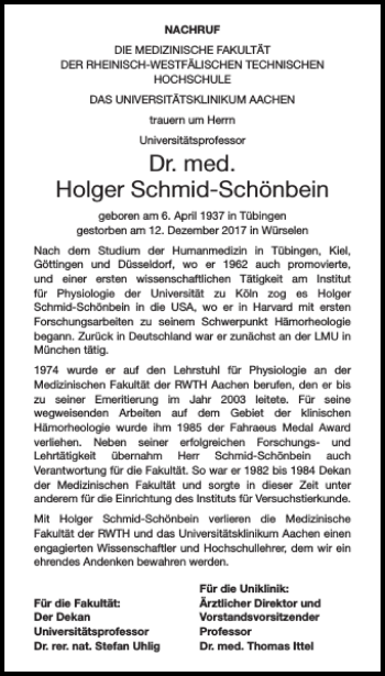 Traueranzeige von Dr. med. Holger Schmid-Schönbein von Aachener Zeitung / Aachener Nachrichten