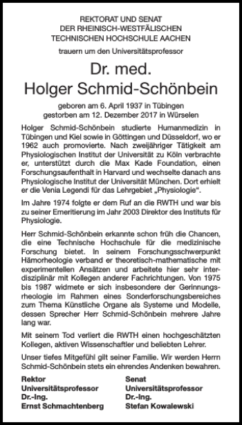 Traueranzeige von Dr. med. Holger Schmid-Schönbein von Aachener Zeitung / Aachener Nachrichten