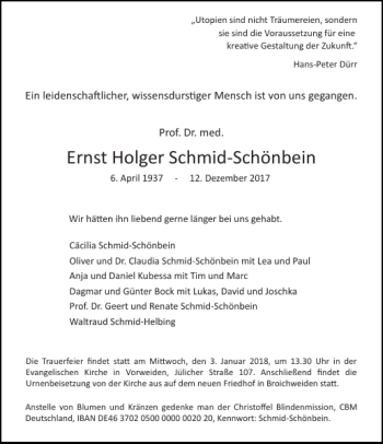 Traueranzeige von Ernst Holger Schmid-Schönbein von Aachener Zeitung / Aachener Nachrichten