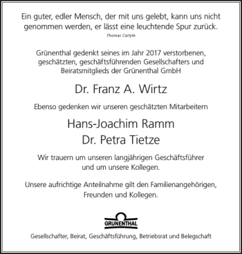Traueranzeige von Grünenthal gedenkt seines im Jahr 2017 Vertorbenen  von Aachener Zeitung / Aachener Nachrichten