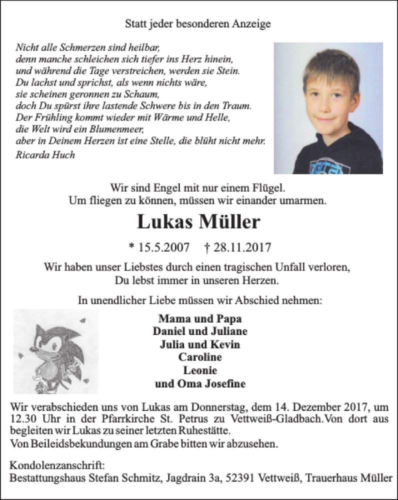  Traueranzeige für Lukas Müller vom 10.12.2017 aus Super Sonntag / Super Mittwoch