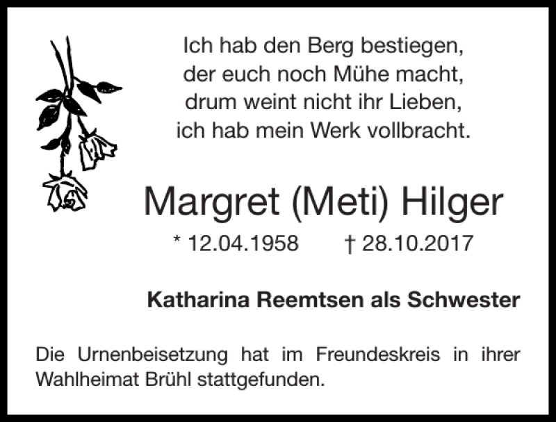  Traueranzeige für Margret Meti Hilger vom 03.12.2017 aus Super Sonntag / Super Mittwoch