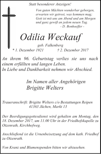 Traueranzeige von Odilia Weckauf von Super Sonntag / Super Mittwoch