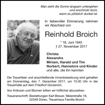Traueranzeige von Reinhold Broich von Super Sonntag / Super Mittwoch