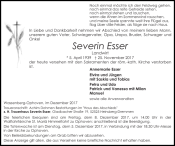 Traueranzeige von Severin Esser von Super Sonntag / Super Mittwoch
