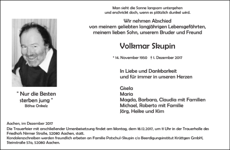  Traueranzeige für Volkmar Skupin vom 09.12.2017 aus Aachener Zeitung / Aachener Nachrichten