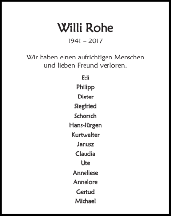 Traueranzeige von Willi Rohe von Super Sonntag / Super Mittwoch
