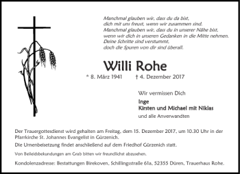 Traueranzeige von Willi Rohe von Aachener Zeitung / Aachener Nachrichten