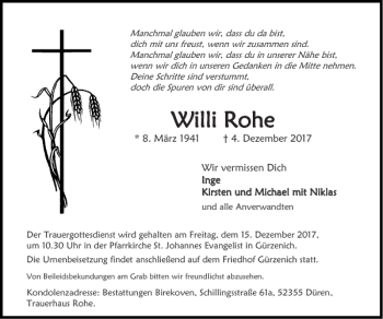 Traueranzeige von Willi Rohe von Super Sonntag / Super Mittwoch