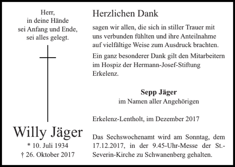 Traueranzeigen von Willy Jäger Aachen gedenkt