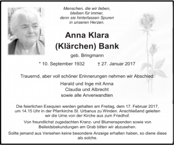 Traueranzeige von Anna Klara Klärchen Bank von Super Sonntag / Super Mittwoch