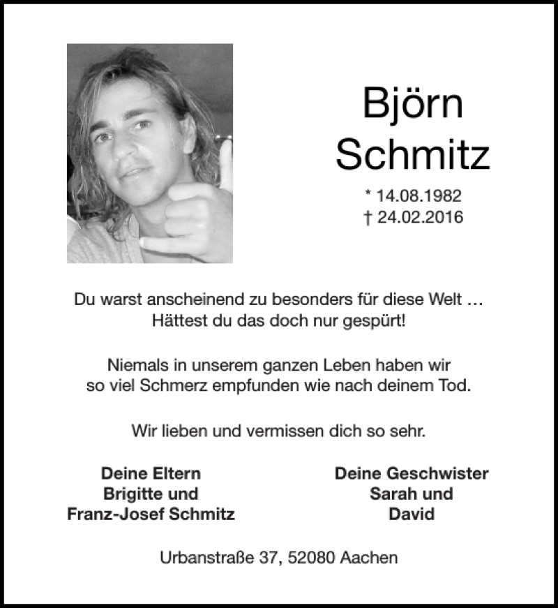  Traueranzeige für Björn Schmitz vom 25.02.2017 aus Aachener Zeitung / Aachener Nachrichten