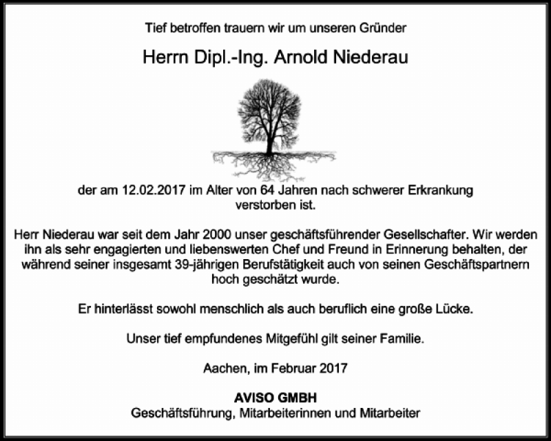 Traueranzeigen von Dipl.Ing. Arnold Niederau Aachen gedenkt