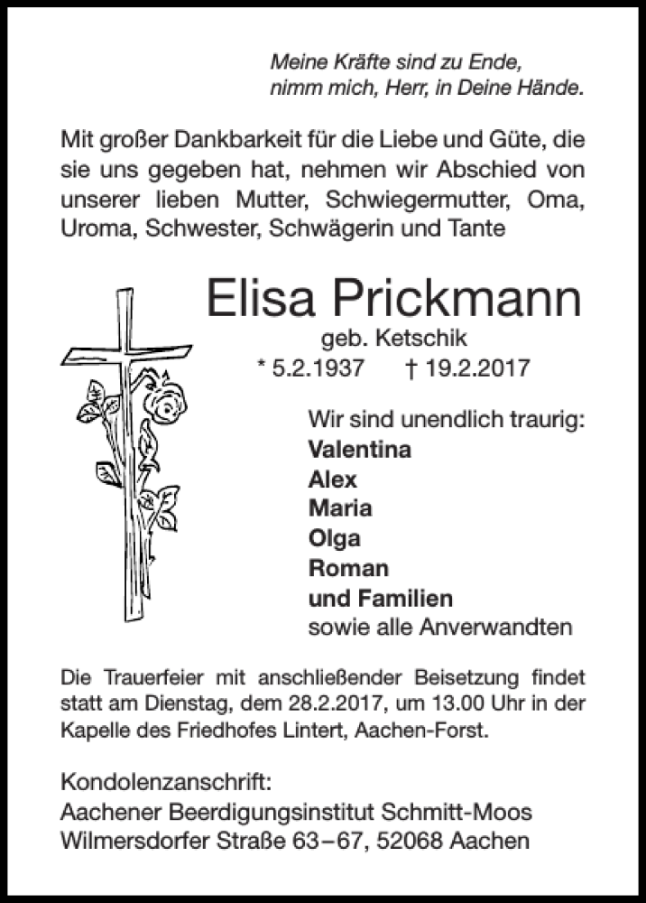  Traueranzeige für Elisa Prickmann vom 22.02.2017 aus Super Sonntag / Super Mittwoch