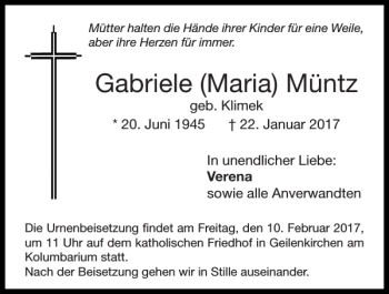Traueranzeige von Gabriele Maria Müntz von Super Sonntag / Super Mittwoch