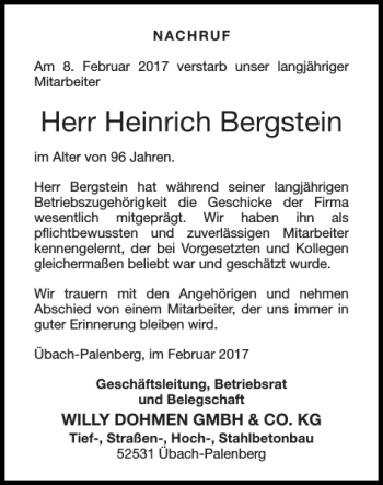 Traueranzeige von Heinrich Bergstein von Super Sonntag / Super Mittwoch