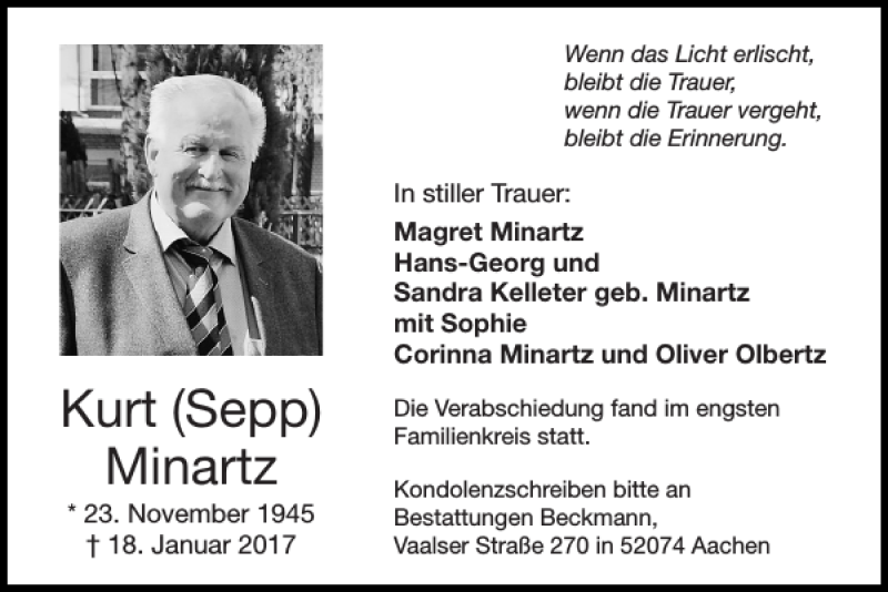  Traueranzeige für Kurt Sepp Minartz vom 05.02.2017 aus Super Sonntag / Super Mittwoch