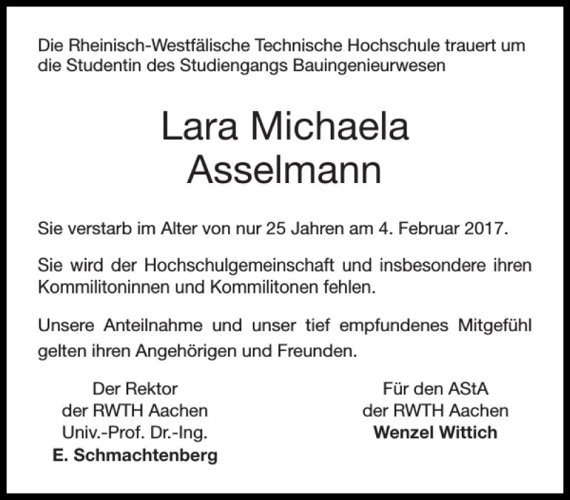  Traueranzeige für Lara Michaela Asselmann vom 11.02.2017 aus Aachener Zeitung / Aachener Nachrichten