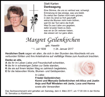 Traueranzeige von Margret Geilenkirchen von Super Sonntag / Super Mittwoch