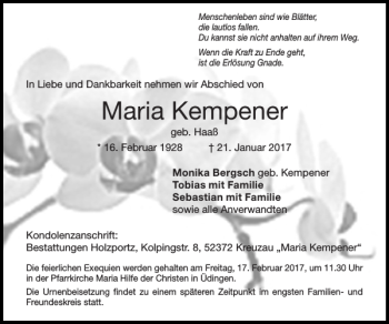 Traueranzeige von Maria Kempener von Super Sonntag / Super Mittwoch