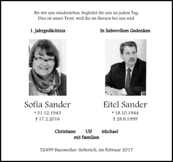 Traueranzeige von Sofia Sander Eitel Sander von Super Sonntag / Super Mittwoch