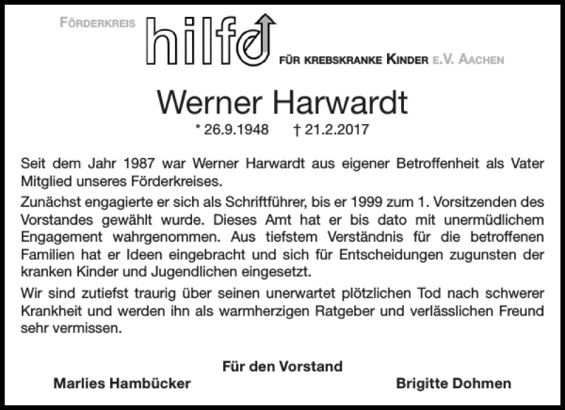  Traueranzeige für Werner Harwardt vom 25.02.2017 aus Aachener Zeitung / Aachener Nachrichten