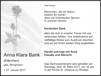 Traueranzeige von Anna Klara Bank von Super Sonntag / Super Mittwoch