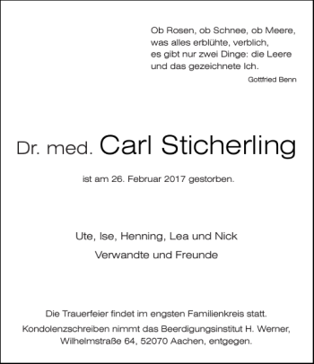 Traueranzeige von Carl Sticherling von Aachener Zeitung / Aachener Nachrichten
