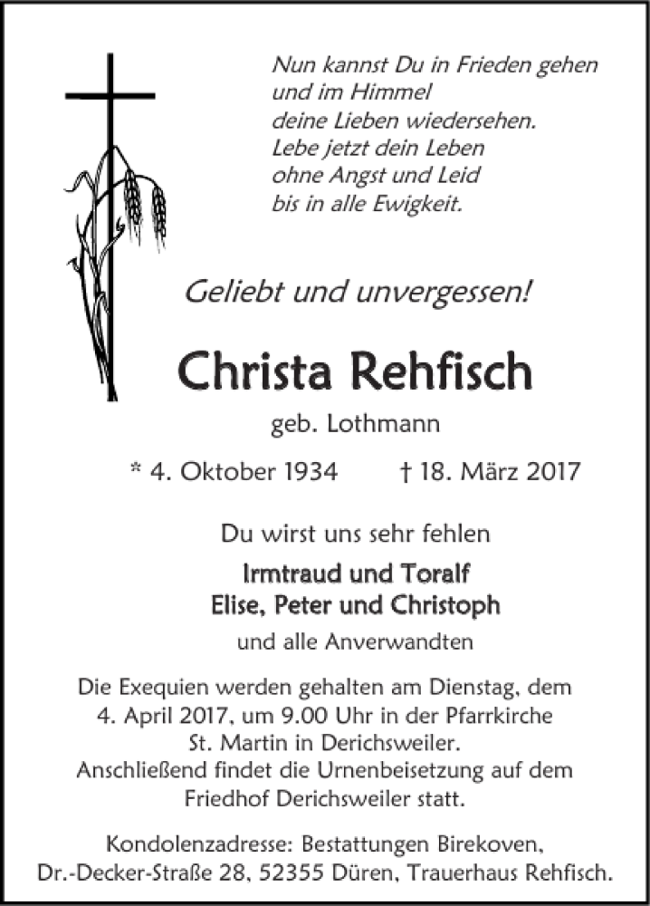  Traueranzeige für Christa Rehfisch vom 26.03.2017 aus Super Sonntag / Super Mittwoch