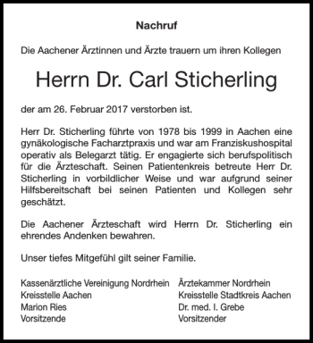 Traueranzeige von Dr. Carl Sticherling von Aachener Zeitung / Aachener Nachrichten