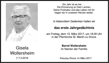 Traueranzeige von Gisela Wollersheim von Super Sonntag / Super Mittwoch