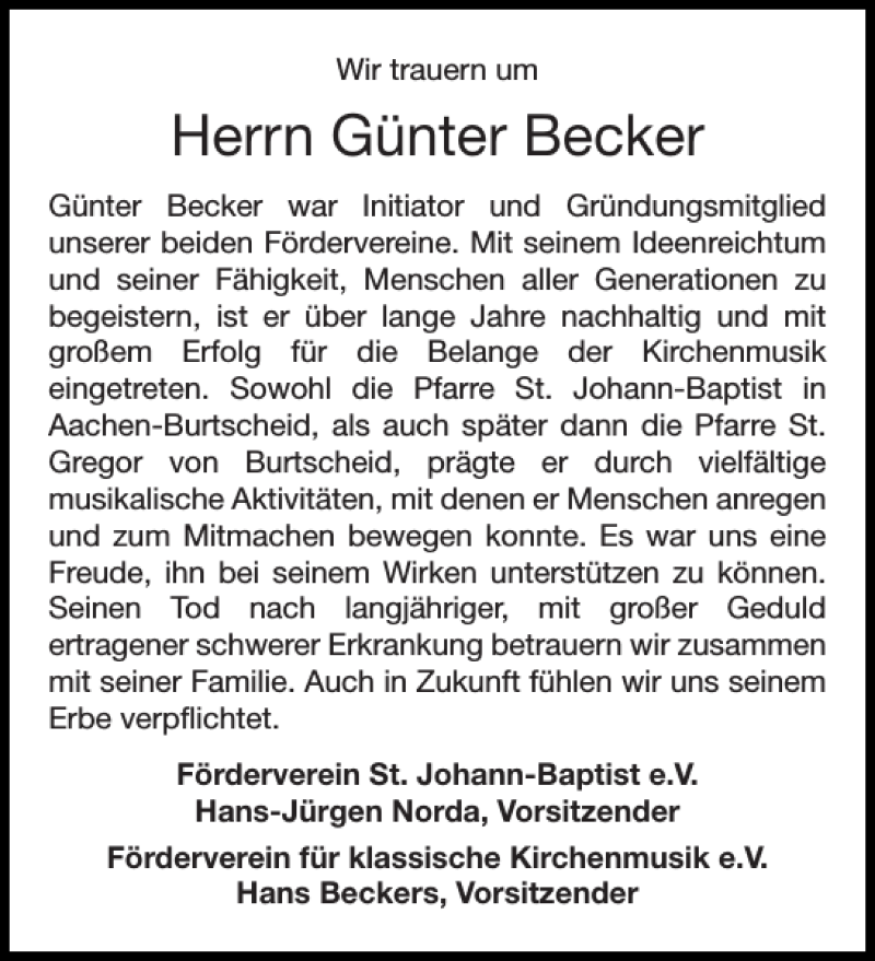  Traueranzeige für Günter Becker vom 25.03.2017 aus Aachener Zeitung / Aachener Nachrichten